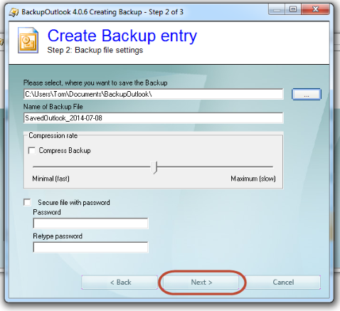 Select folder of Outlook backup file