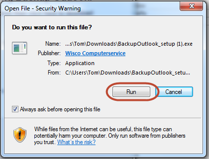 Confirm installation of Outlook backup software