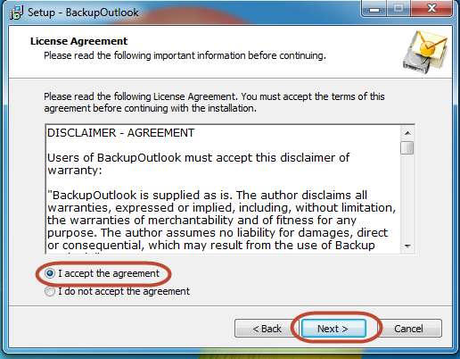 License agreement for Outlook backup tool
