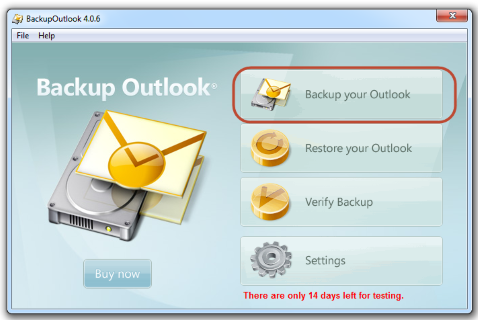 Outlook backup tool: Main screen