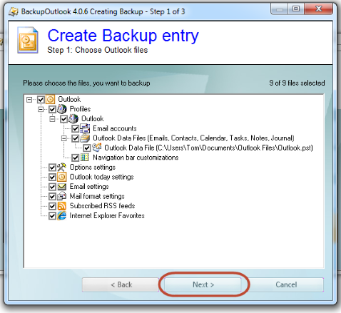 Select Outlook elements you want to back up